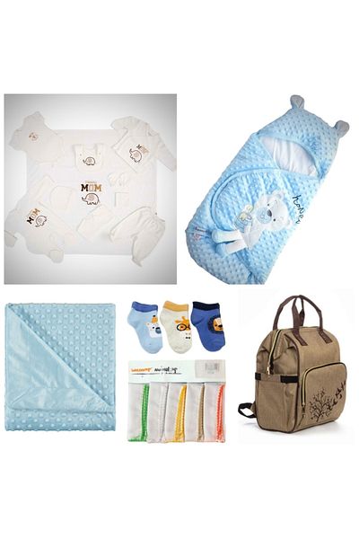 Bebitof 5 Piece Birth Set (Care Bag, 10 Pieces Hospital Exit, Swaddle, Blanket, Mouth Wipes and Socks)