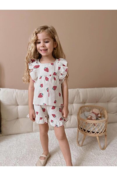 YİGİT BUTİK Yigit Boutique Fruit Printed Girl's Suit with Shorts