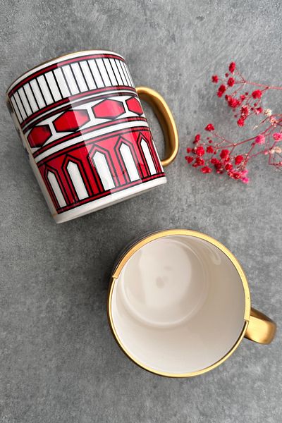 porselenden Two Patterned, Double Patterned Apollo Series 2-Person Porcelain Red Flower Patterned Mug Set