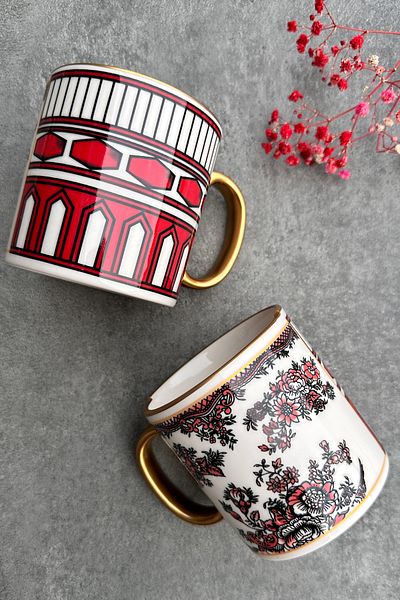 porselenden Two Patterned, Double Patterned Apollo Series 2-Person Porcelain Red Flower Patterned Mug Set