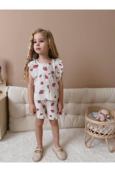 YİGİT BUTİK Yigit Boutique Fruit Printed Girl's Suit with Shorts