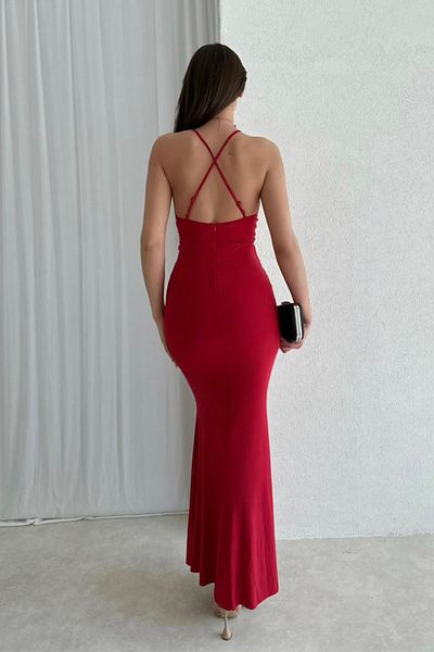 Ortaya Çık Red Degaje Collar Back Detailed Fish Cut Dress
