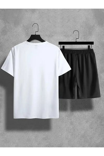 AMMA Men's Plus Size White Black Lion King Printed Bottom Top T-Shirt Shorts Set