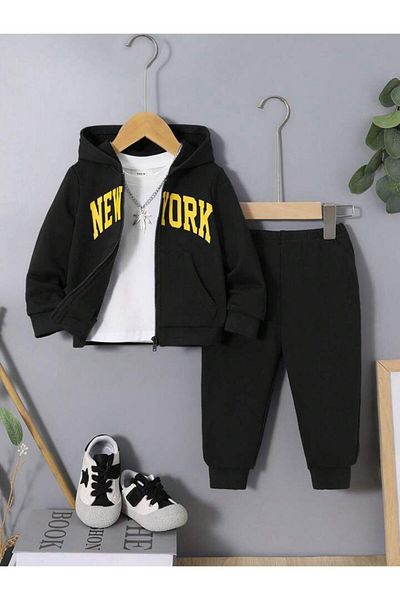 AMMA Children's New York Printed Lower Top Cardigan T-Shirt Shorts 3-Piece Set