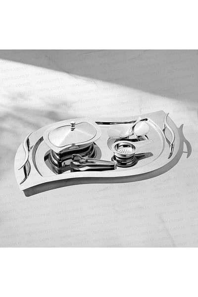 Nehir 45 X 30 Mystery Tea Tray Set - Tea Set Set 28 Pieces 4+ Stainless Steel Silver
