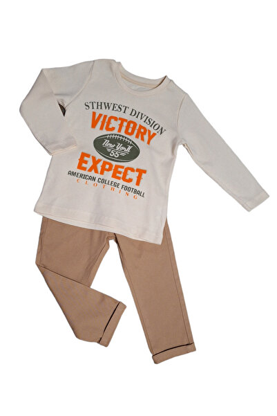 Bebüş Boy's 3-Piece Set - Bomber Collar, Fleece Lined Cardigan, Text Printed Sweat, Trousers