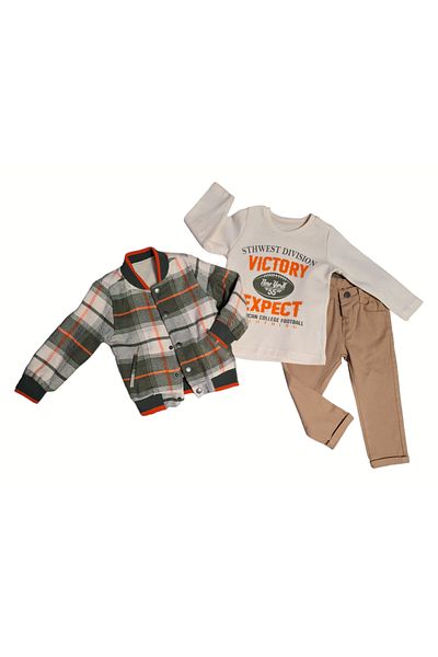 Bebüş Boy's 3-Piece Set - Bomber Collar, Fleece Lined Cardigan, Text Printed Sweat, Trousers
