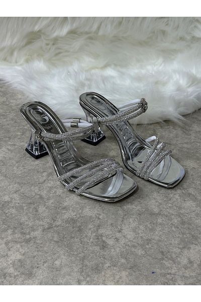 İmerShoes Daily Women's Silver Jewelled Slippers Hologram Thick Transparent Heel Three-Band Evening Dress Sandals 6100