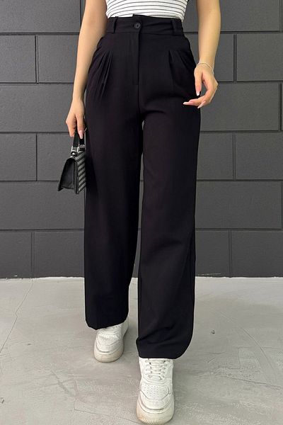 CoolLook Pantaloni Palazzo elastici confortabili, pliați, largi, cu talie înaltă, cu două buzunare