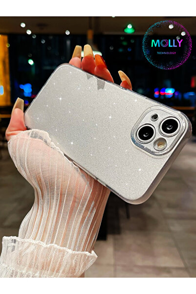 Molly iPhone 14 Uyumlu İçin Gümüş Berry Simli Parlak Silikon Kılıf