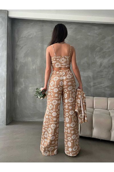 BE CHİC WOMEN'S ETHNIC PATTERNED HIGH WAIST BOL TROUSERS AND KIMONO 3-PIECE SET RD1060