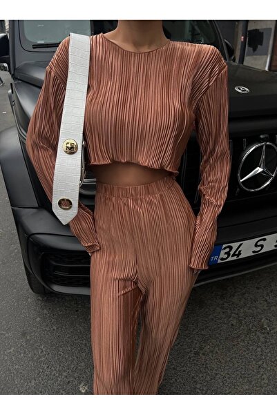 LB Laluna Butik Kadın Piliseli Takım Bluz Ve Pantolon