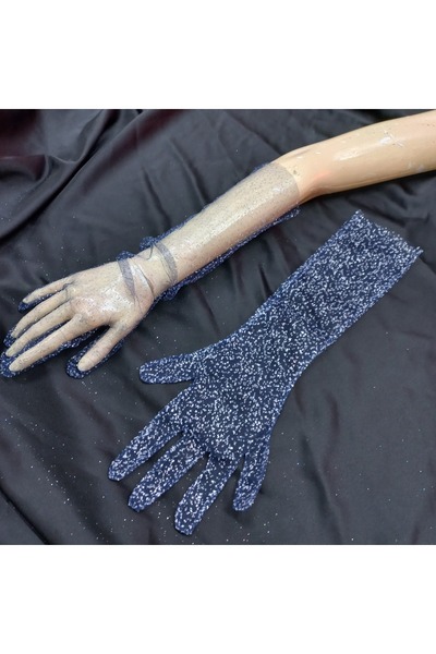 es moda shop Diamond ışıltılı abiye gelin eldiveni dirsek boy lacivert-gümüş