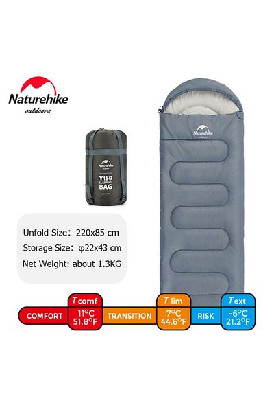 Naturehike Y150l sac de dormit din bumbac cu glugă în stil plic -6 ° c Albastru-dreapta