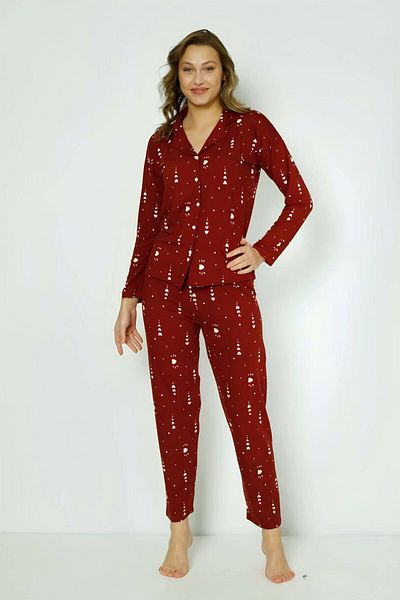 MEBA Set pijama Milan cu mânecă lungă, cu nasturi în față, inimă roșie Claret -11