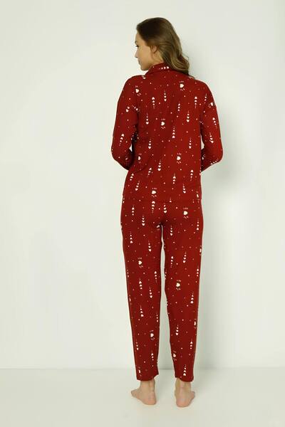 MEBA Milan Uzun Kol Önden Düğmeli Bordo Kalpli Pijama Takım -11