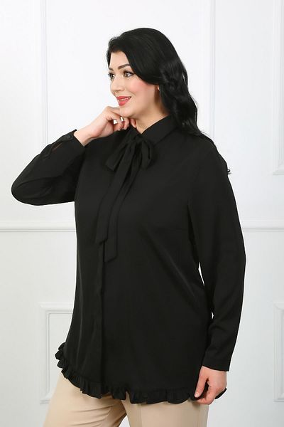 By Alba Collection Cămașă de damă neagră în față cu detaliu eșarfă Dubai din material mare