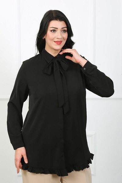 By Alba Collection Cămașă de damă neagră în față cu detaliu eșarfă Dubai din material mare