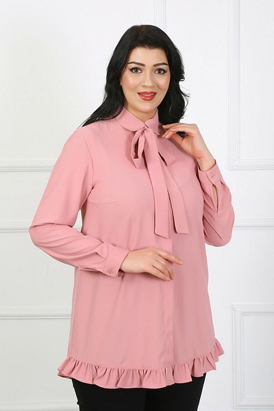 By Alba Collection Γυναικείο πουκάμισο με ροζ μπροστινό κασκόλ με λεπτομέρεια Dubai Fabric Plus Size