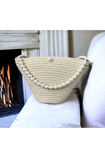 Katusa Women's 3-Piece Black-Beige-Jute Pearl Shoulder Bag