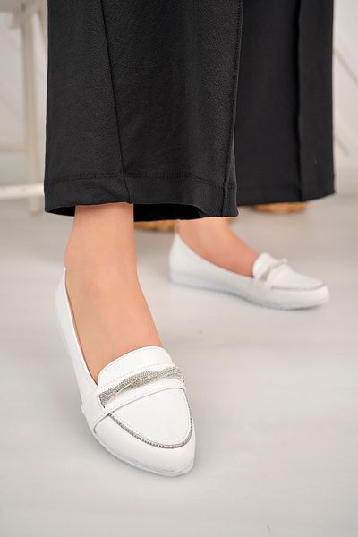 Nexs Women's Curved Stoned White Ballerinas