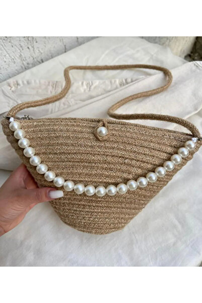 Katusa Women's 3-Piece Black-Beige-Jute Pearl Shoulder Bag