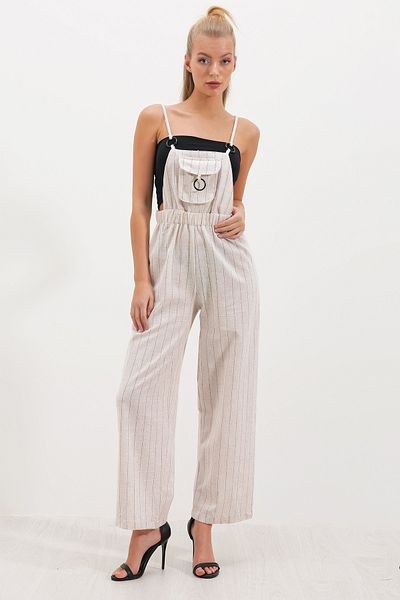 HAKKE Women's Striped Ring Pocket Strap Waist Elastic Linen Jumpsuit