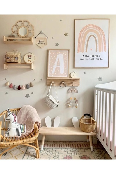 Vegüba Ahşap Çocuk Odası Bebek Odası Montessori Kitaplık, Raflı Giyim Askılık 3 Lü Set