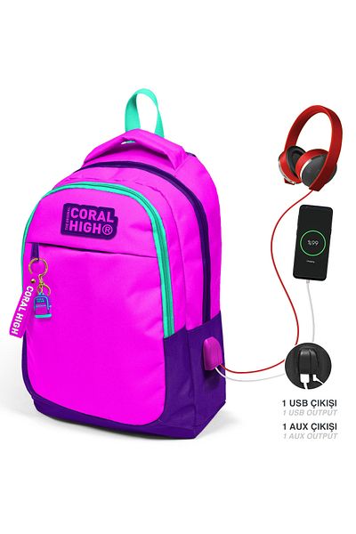 Coral High Kids Pink Purple Three Compartment USB School Backpack 24314