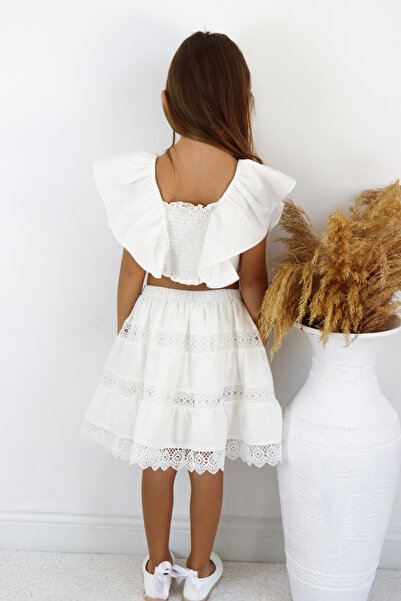 COLORED BABY Girl's Cotton Lined Ruffle Sleeve Crop Blouse Skirt Bottom Top Set