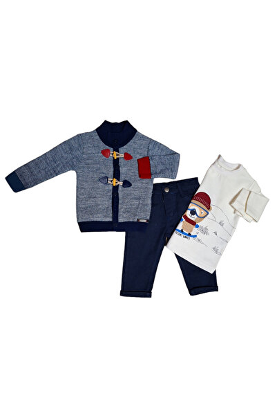 Bebüş Triko Hırkalı Erkek Bebek 3'lü Takım-Çoban Düğme Detaylı Triko Hırka, Baskılı Sweat ve Pantolon