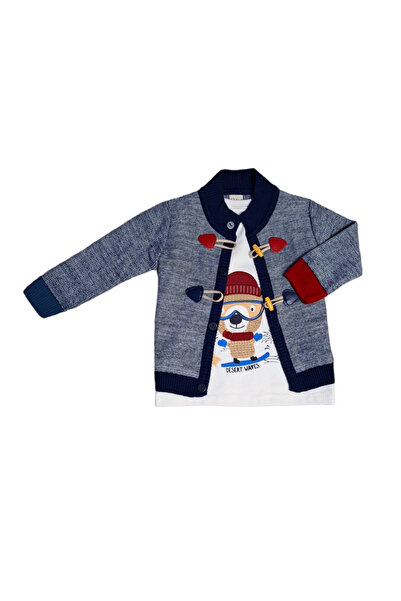 Bebüş Triko Hırkalı Erkek Bebek 3'lü Takım-Çoban Düğme Detaylı Triko Hırka, Baskılı Sweat ve Pantolon