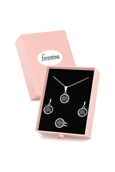 Forentina Gümüş Kaplama Siyah Yuvarlak Taşlı Kolye Küpe Yüzük Pembe Kutuda He...