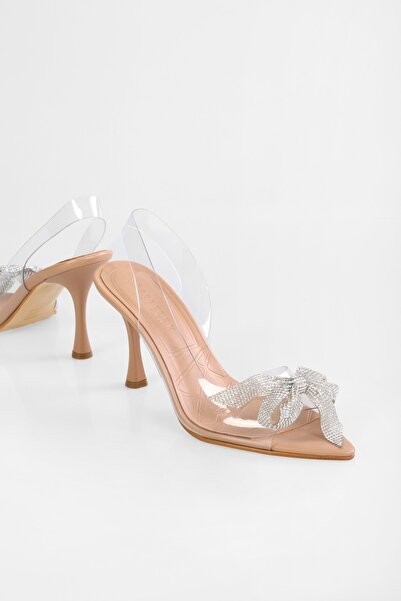 Shoeberry Dámské průhledné boty na podpatku Starla Skin Silver s drahokamy