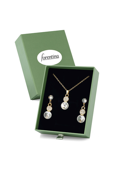 Forentina Altın Kaplama Beyaz Taşlı Yuvarlak Kolye Küpe Yeşil Kutuda Hediye T...