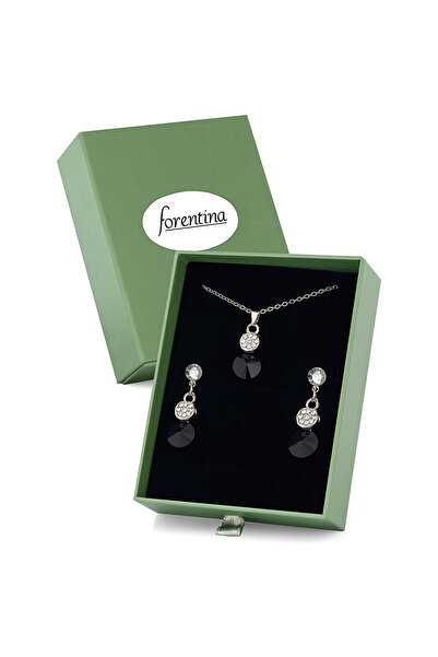 Forentina Gümüş Kaplama Siyah Taşlı Yuvarlak Kolye Küpe Yeşil Kutuda Hediye T...