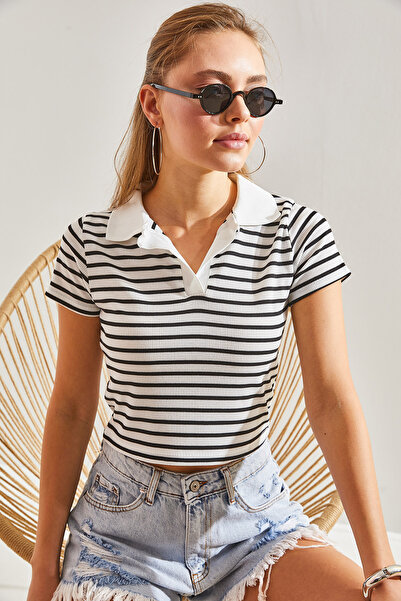 Bianco Lucci Women's Polo Neck Striped Blouse