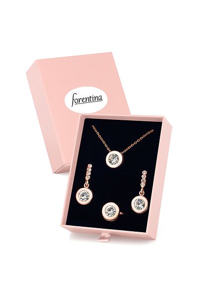 Forentina Rose Round Necklace Earrings Ring in Pink Box Gift Jewelry Set PS3376