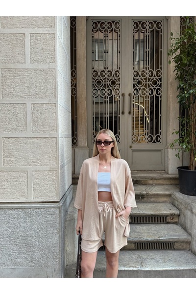 AFROGİYİM Women's Print Low Shoulder Kimono Set with Shorts