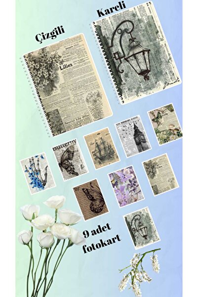 animeandyourworld vintage eskitme defter 2 adet  çizgili ve kareli + 9 adet f...