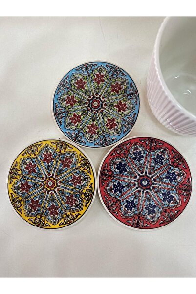 Eren Çini Seramiği 3 Adet 9 cm Çini Desenli  Seramik Bardak Altlığı