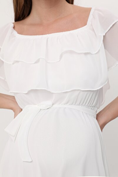 Azra Style Maternity Ruffle Neckline Belted White Chiffon Dress 8000