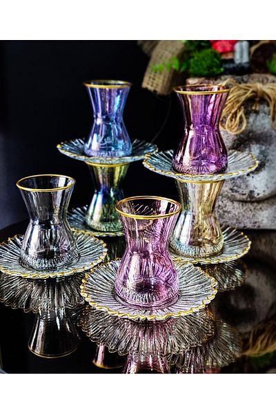 Paşabahçe Waterfall Rainbow Elite Home Special Design 12 Piece Colorful Gold Detailed Tea Set