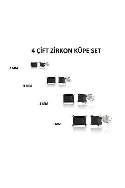 Öte Beri Hayallerin Ötesi Unisex 316l Surgical Steel - Antiallergic, 3mm, 4mm, 5mm, 6mm Square Zircon Double Earring Set