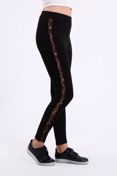 ZEYWEAR بنطال ضيق نسائي عالي الخصر بخطوط جلد الفهد باللون الأسود