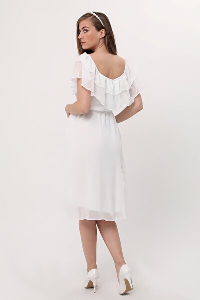 Azra Style Maternity Ruffle Neckline Belted White Chiffon Dress 8000