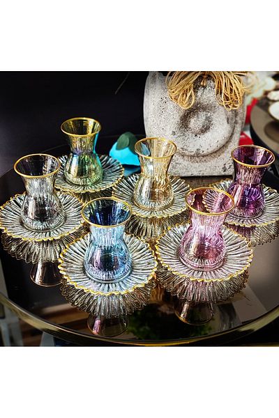 Paşabahçe Waterfall Rainbow Elite Home Special Design 12 Piece Colorful Gold Detailed Tea Set