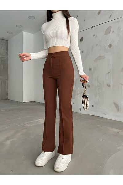 CNRCollection Women's Brown High Waist Lycra Recovery Crepe Fabric Front Striped Palazzo Pants
