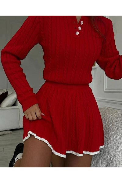 İKRAFASHİON The Women's Polo Collar Stylish Sweater Skirt is a Double Knitwear Set Lycra.