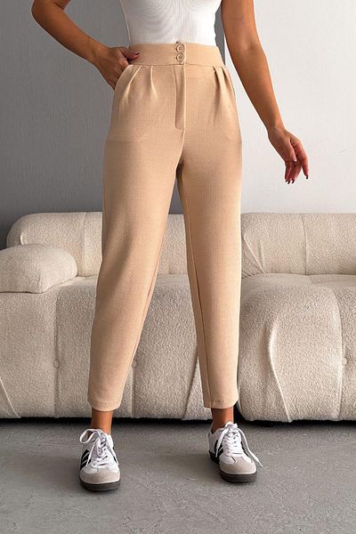 Deafox Beige Imported Crepe Full Lycra Carrot Trousers